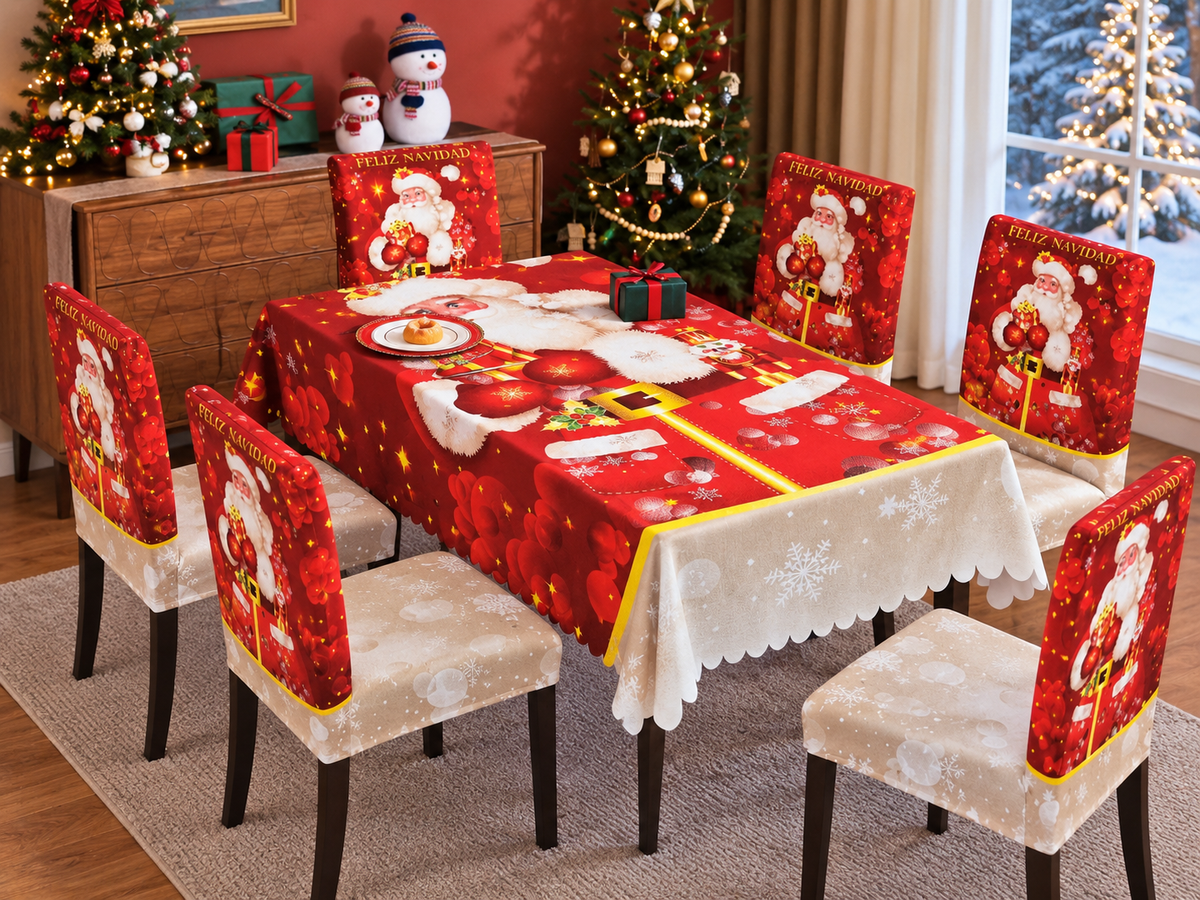 Mantel Y Fundas de Silla Navideño con Diseño de Santa Claus