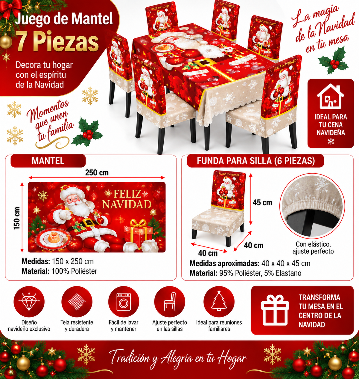 Mantel Y Fundas de Silla Navideño con Diseño de Santa Claus