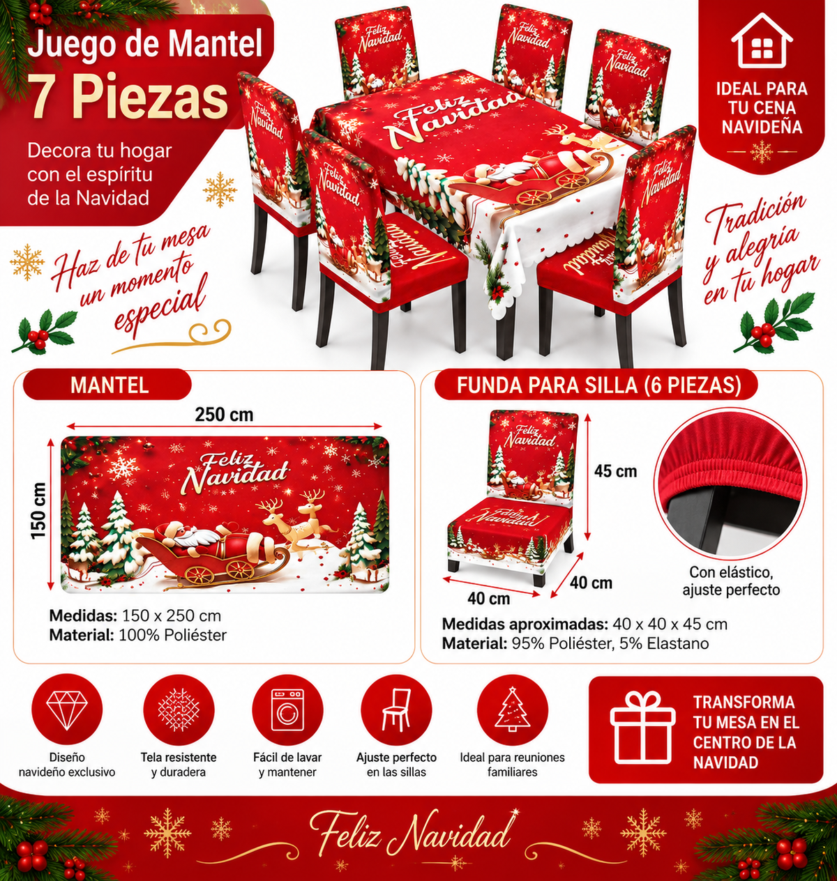 Mantel Y Fundas de Silla Navideño Con Diseño de Trineo