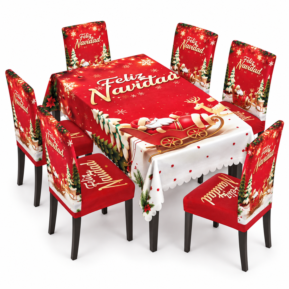 Mantel Y Fundas de Silla Navideño Con Diseño de Trineo