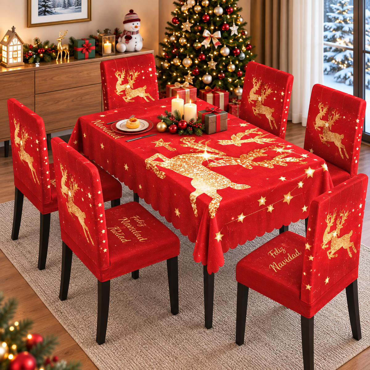 Mantel Y Fundas de Silla Navideño Con Diseño de Renos Luminosos