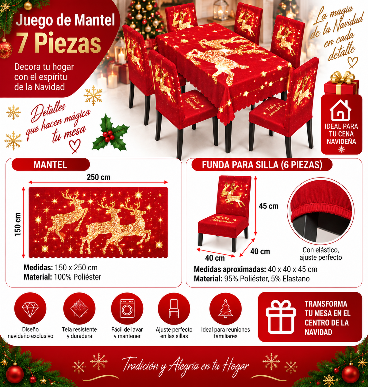 Mantel Y Fundas de Silla Navideño Con Diseño de Renos Luminosos