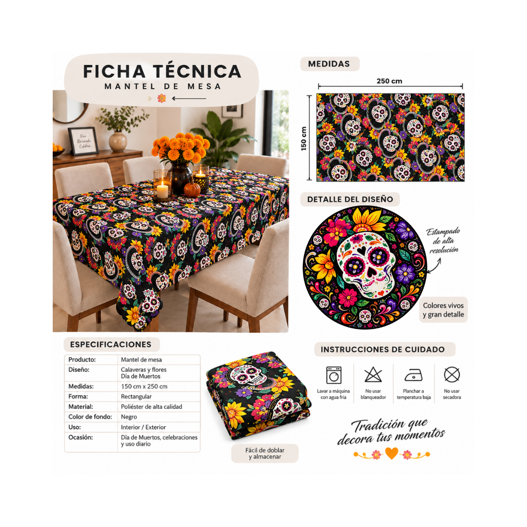 Mantel Día de Muertos - Negro