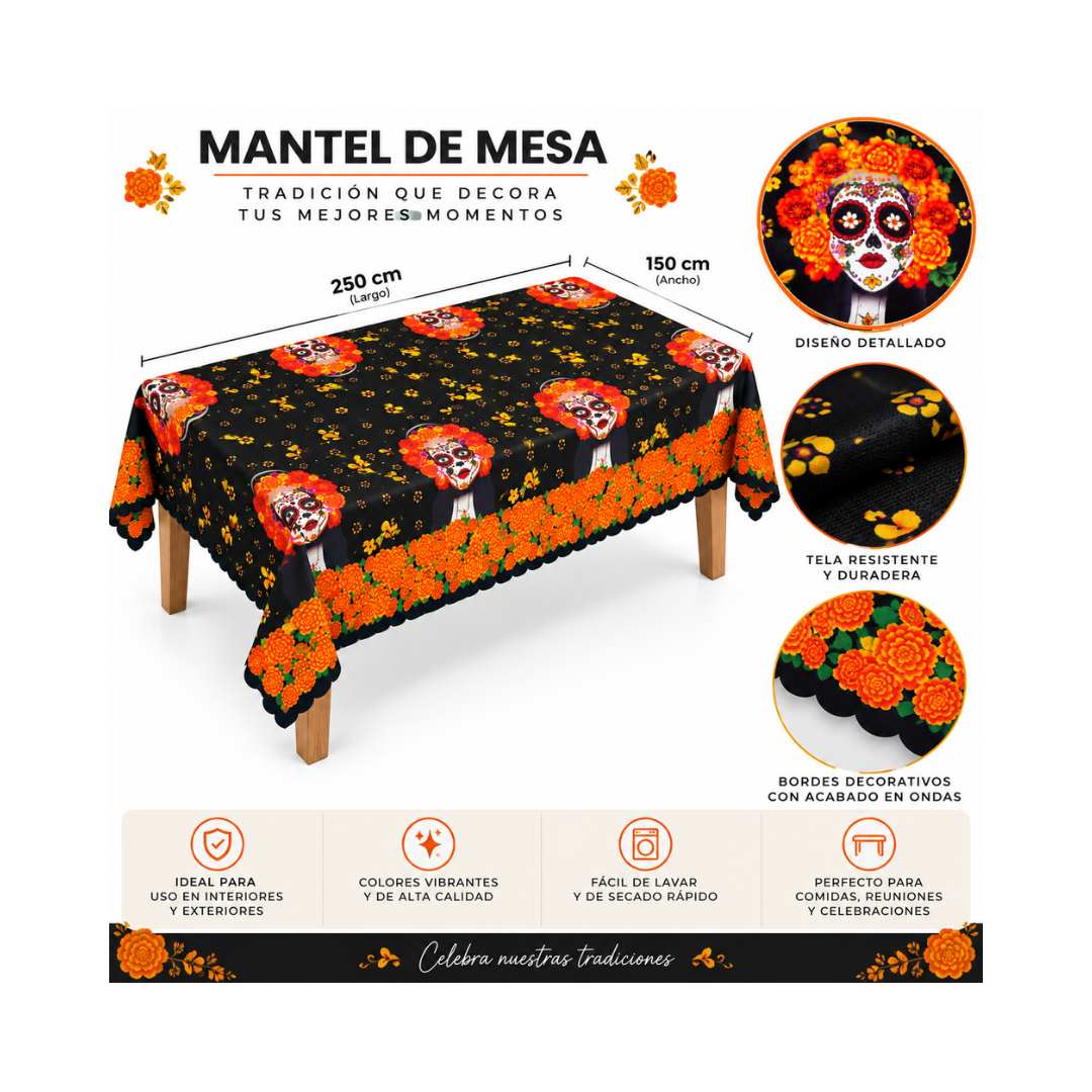 Mantel Día de Muertos - Negro Naranja