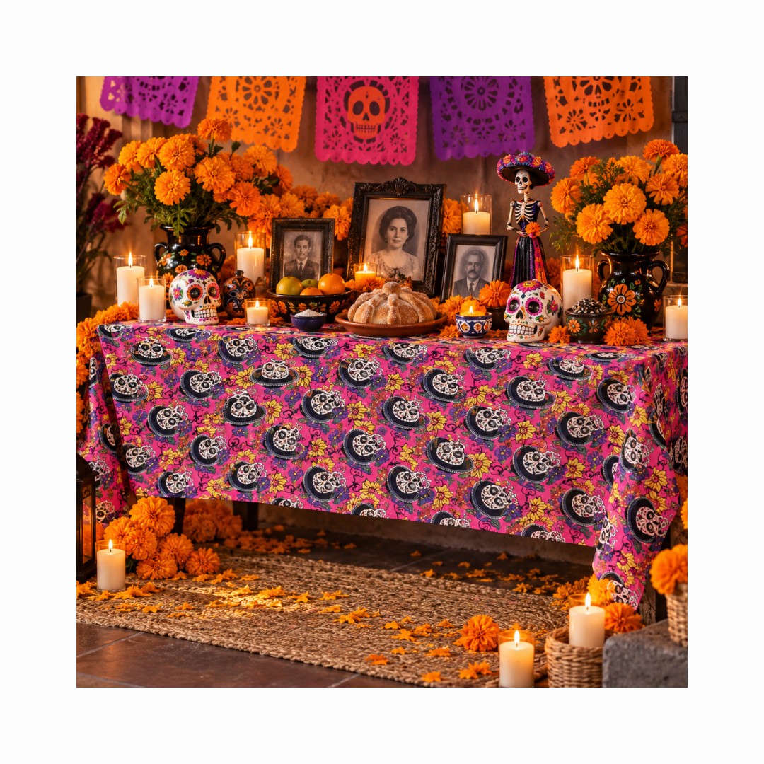 Kit Ofrenda: Mantel, Guirnalda, Velas, Farol y Funda Para Puerta