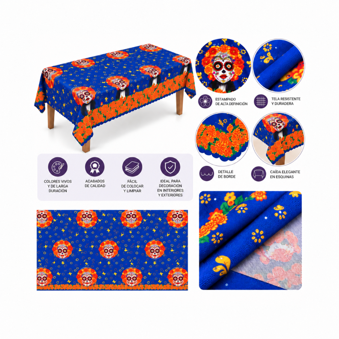 Mantel Día de Muertos - Azul Naranja