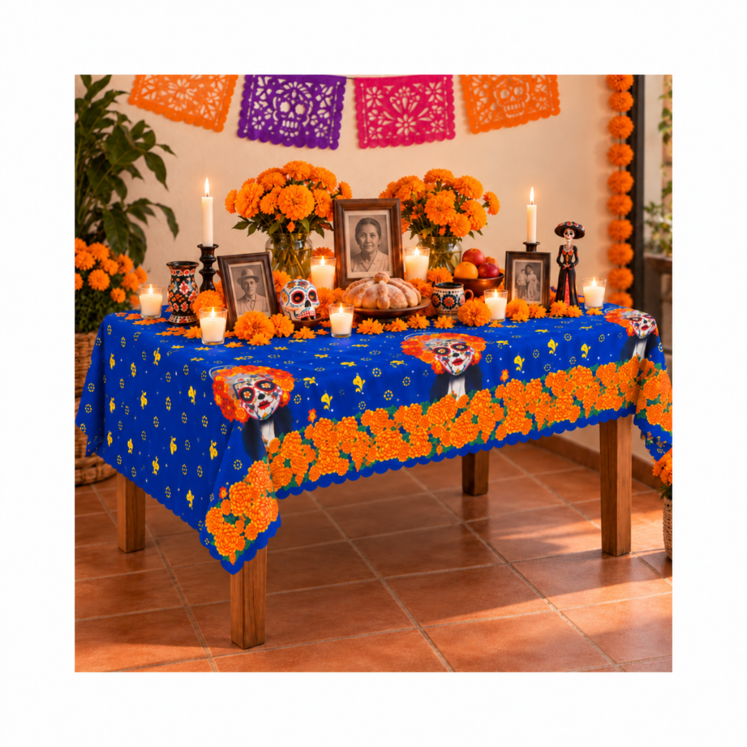 Mantel Día de Muertos - Azul Naranja
