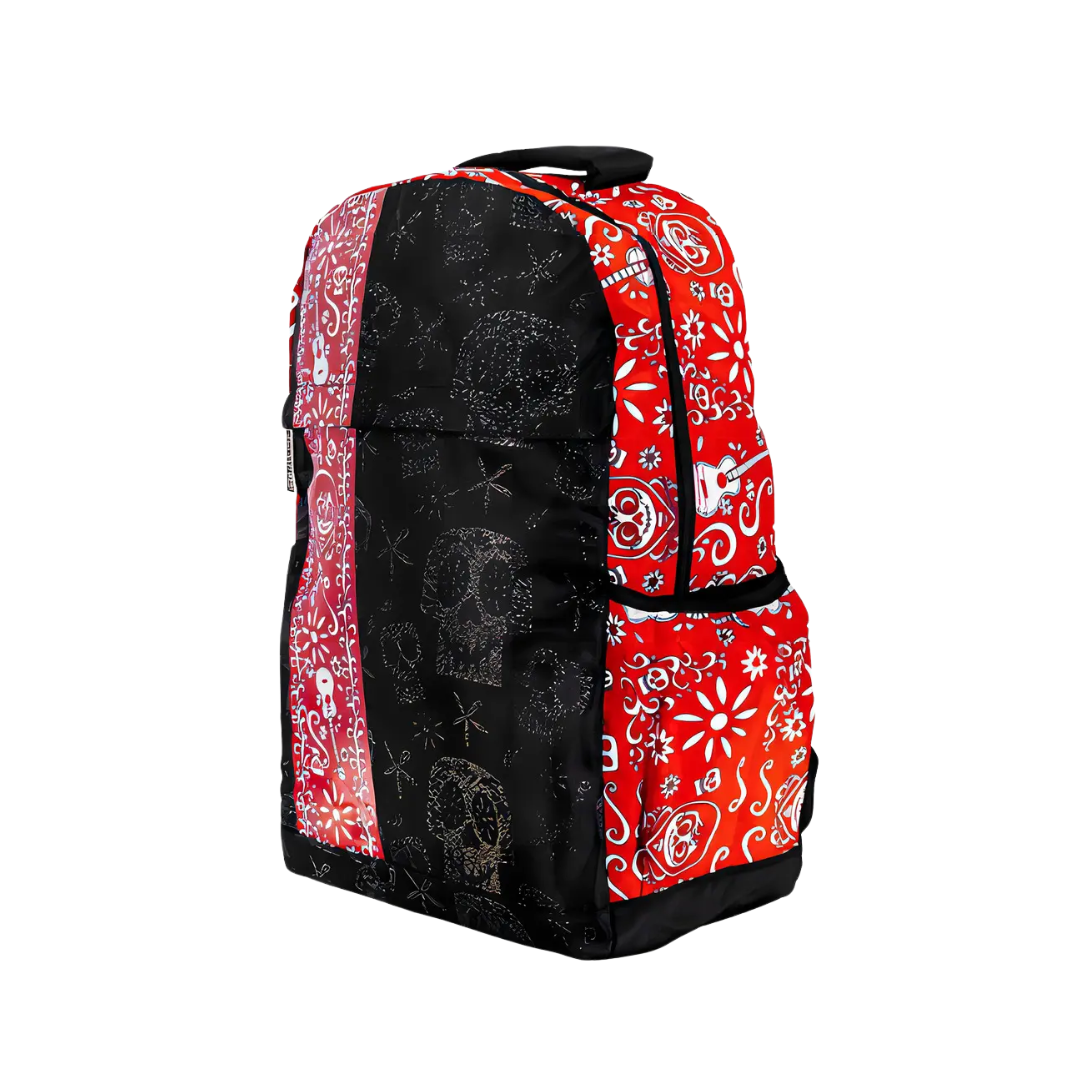 Mochila Escolar Negra y Roja Diseño Coco con Calaveras