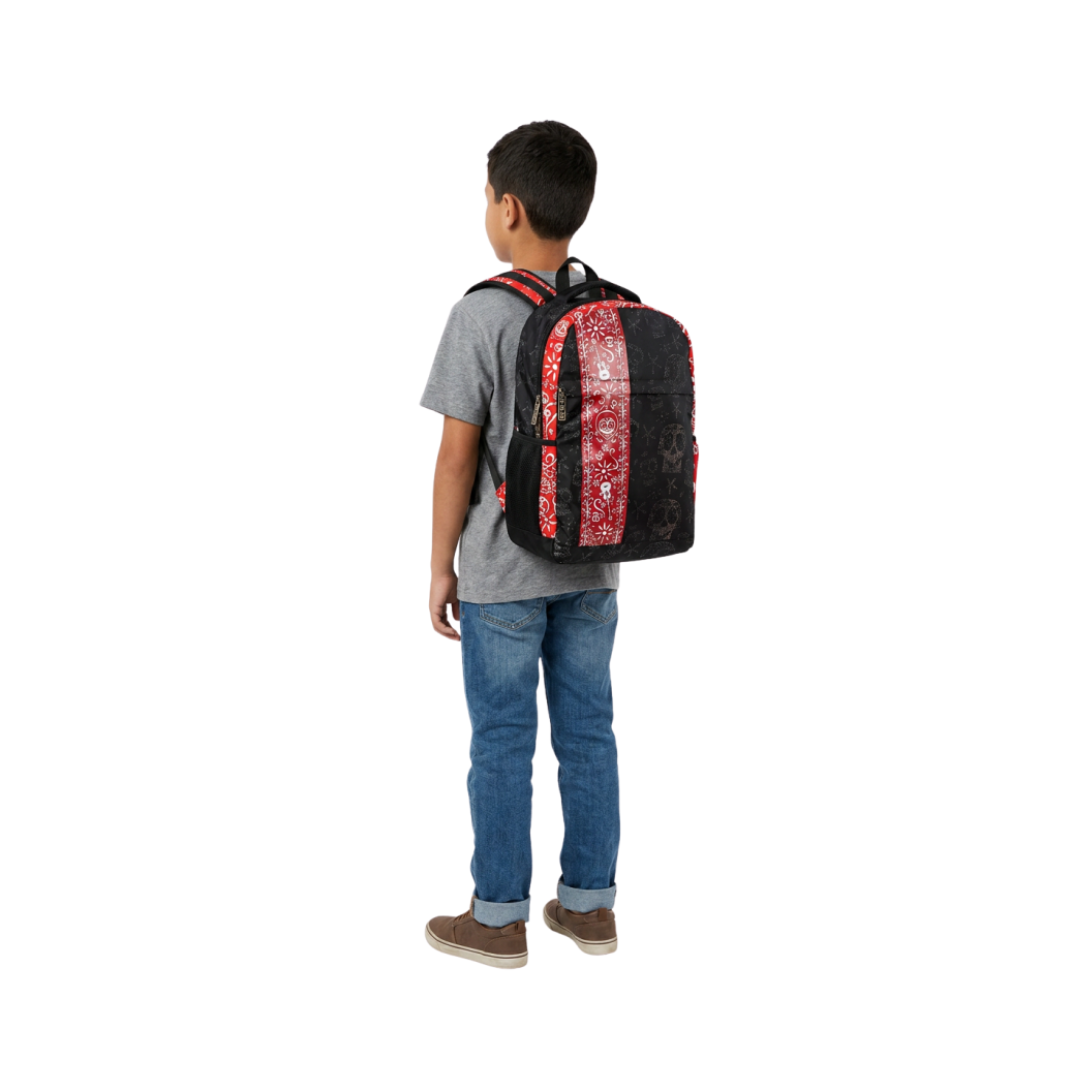 Mochila Escolar Negra y Roja Diseño Coco con Calaveras