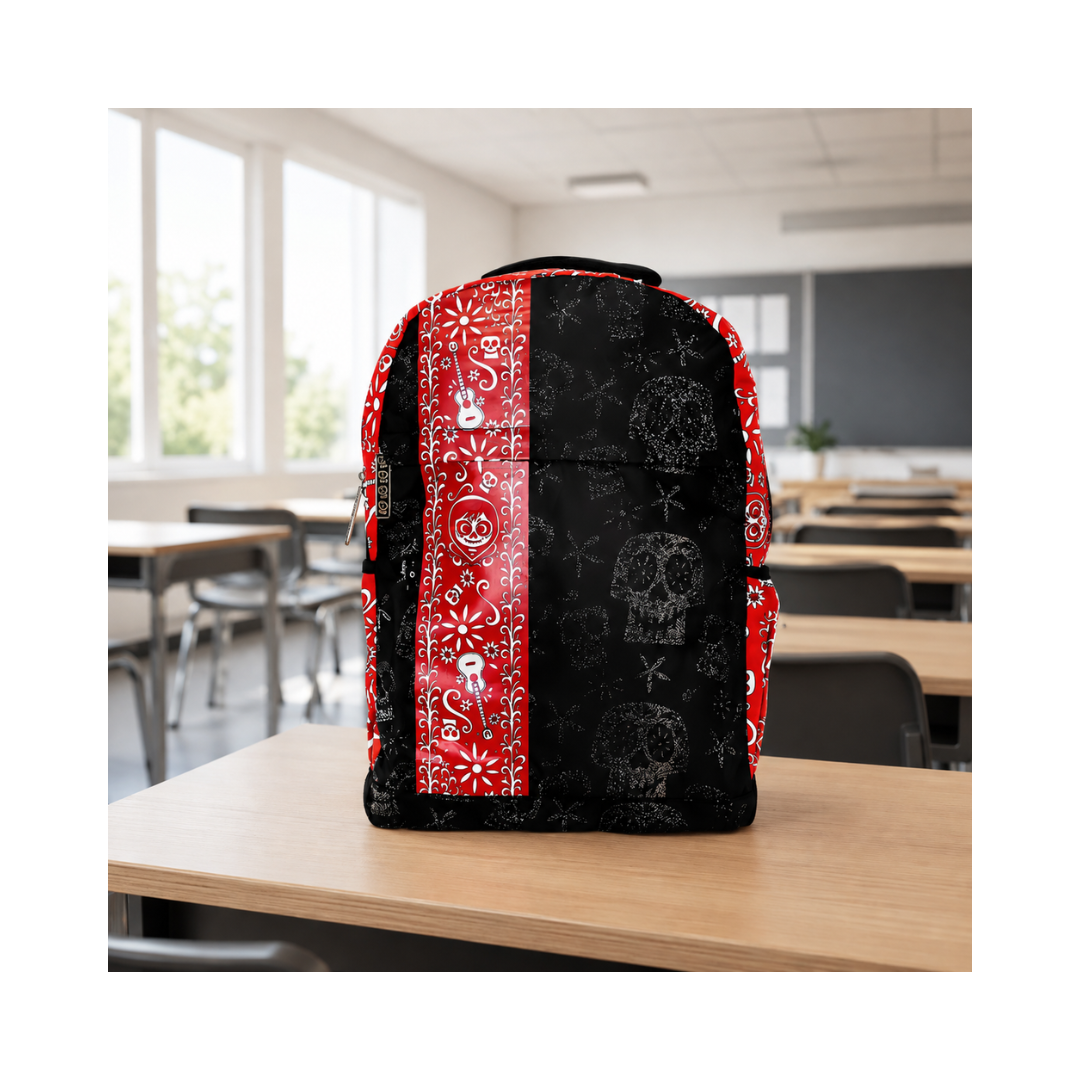 Mochila Escolar Negra y Roja Diseño Coco con Calaveras