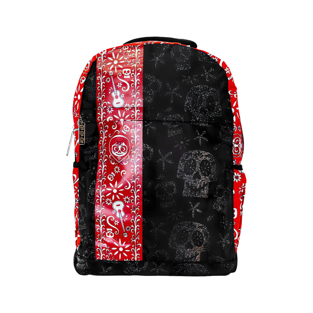 Mochila Escolar Negra y Roja Diseño Coco con Calaveras