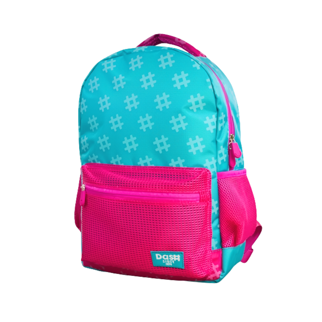 Mochila Escolar Verde Agua con Rosa y Bolsillos de Malla