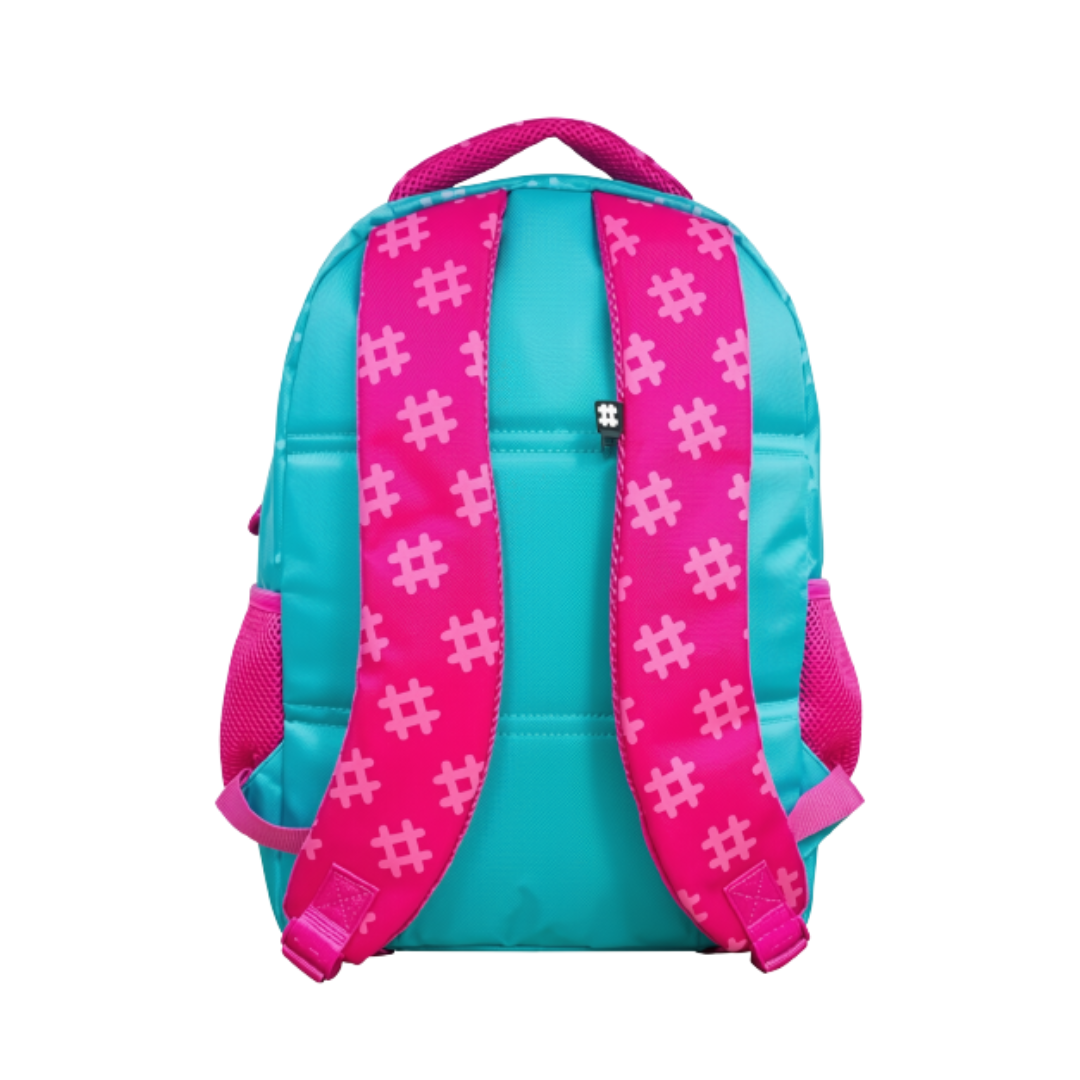 Mochila Escolar Verde Agua con Rosa y Bolsillos de Malla