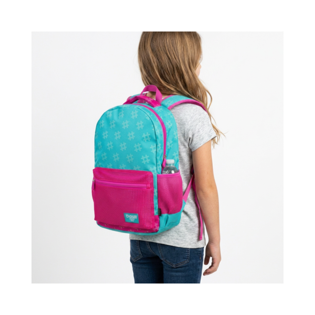 Mochila Escolar Verde Agua con Rosa y Bolsillos de Malla