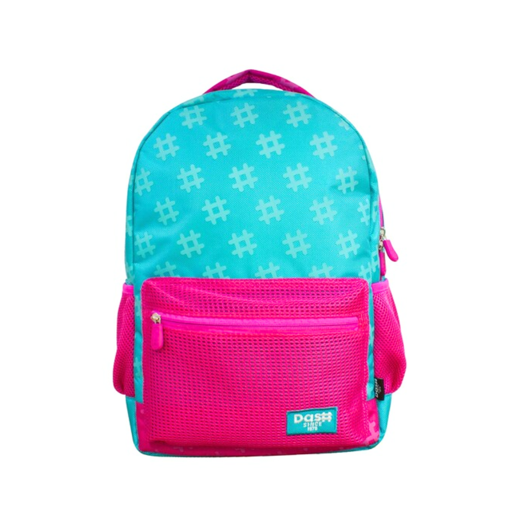 Mochila Escolar Verde Agua con Rosa y Bolsillos de Malla