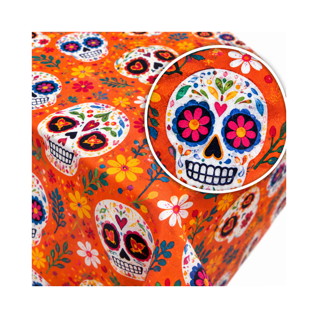 Mantel Día de Muertos Naranja Calaveras