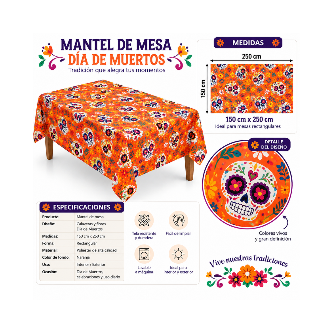Mantel Día de Muertos Naranja Calaveras