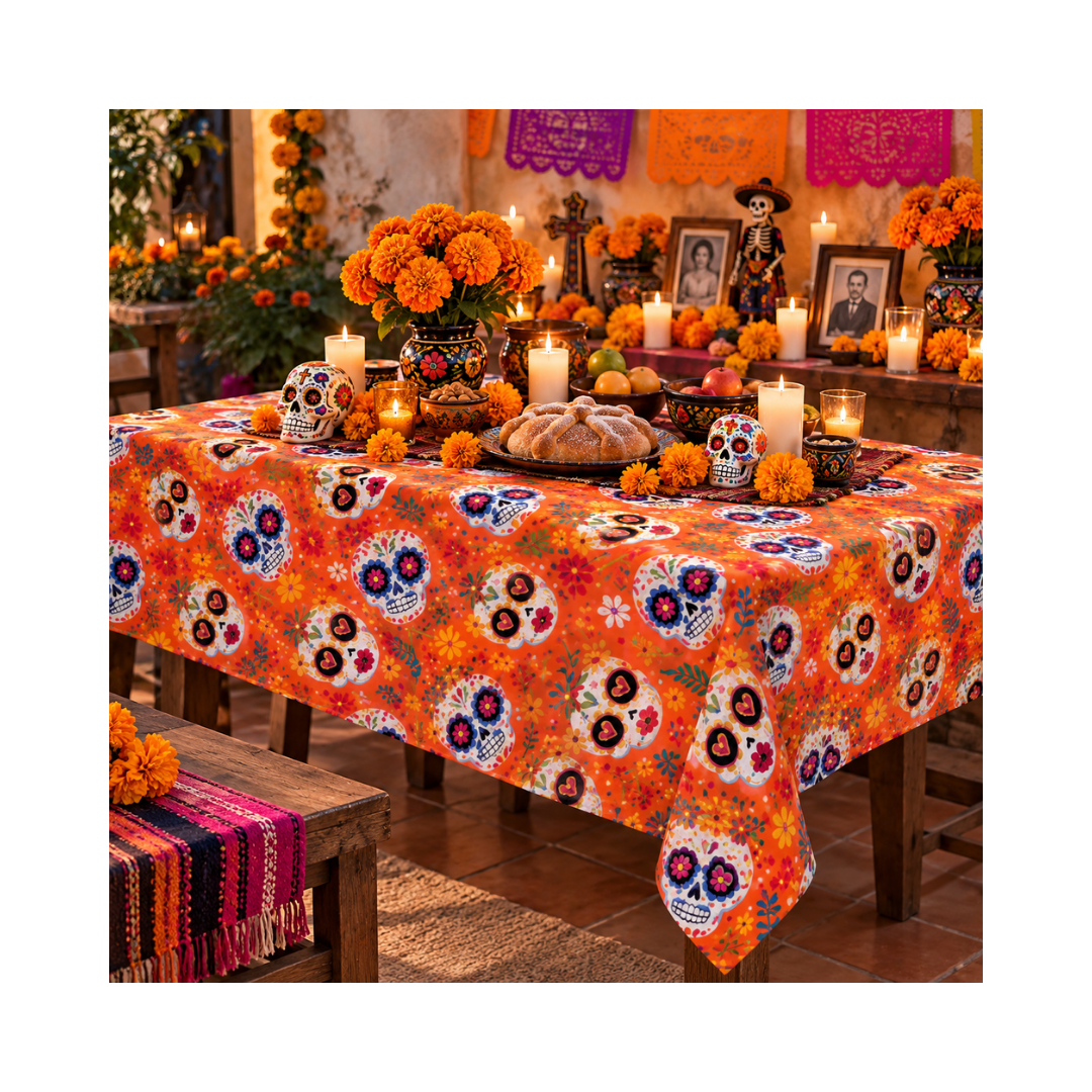 Mantel Día de Muertos Naranja Calaveras
