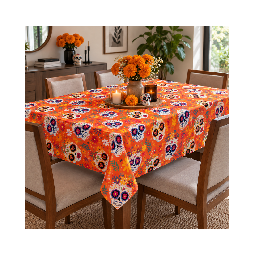 Mantel Día de Muertos Naranja Calaveras
