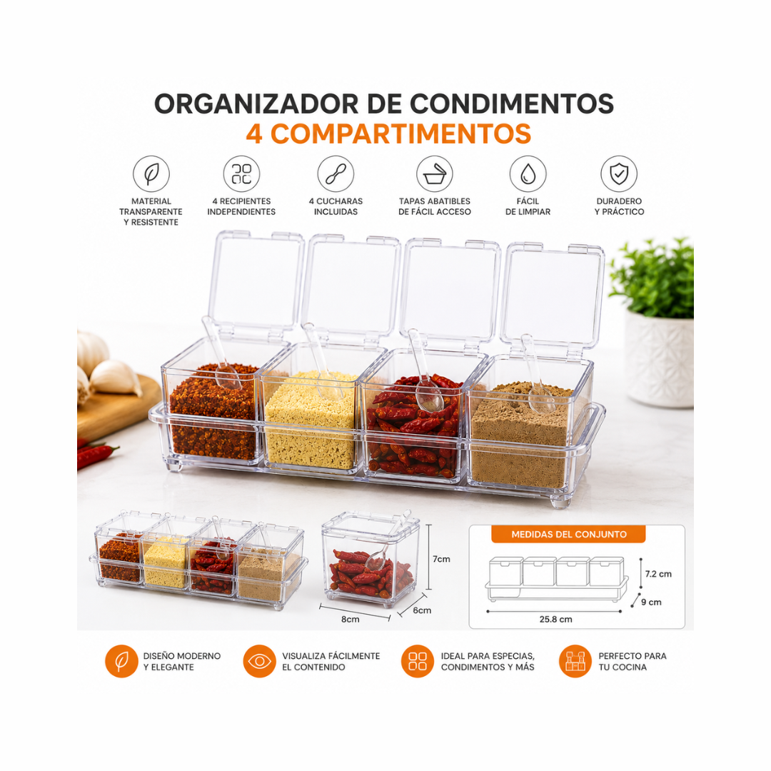 Especiero De  4 Recipientes Con Tapa y Cucharas