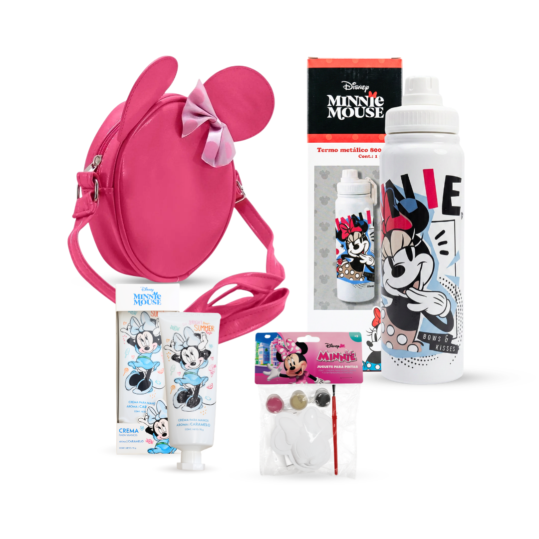 Paquete Minnie Mouse 4 Piezas: Bolsa, Crema para Manos, Termo y Figura Para Pintar