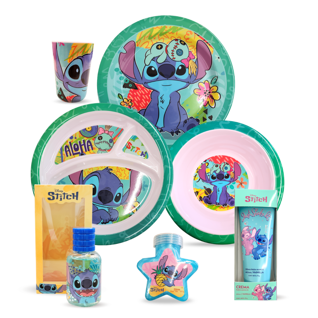Paquete Disney Stitch 4 Piezas: Vajilla Infantil 4 Piezas, Crema para Manos, Fragancia Infantil y Slime