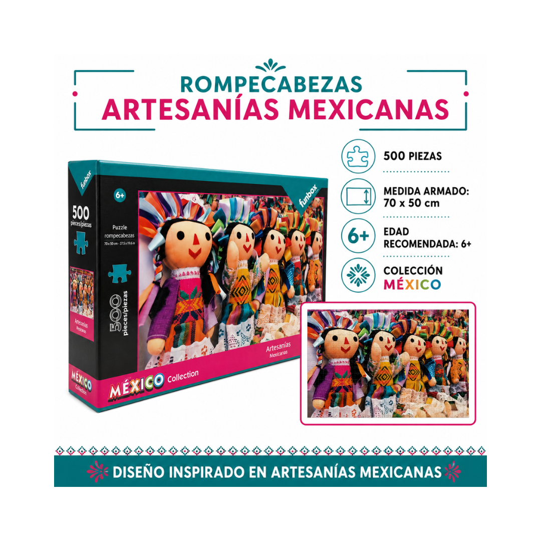 Rompecabezas Funbox México Collection 500 Piezas en diseños de Chichén Itzá, Ángel de la Independencia y Artesanías Mexicanas.