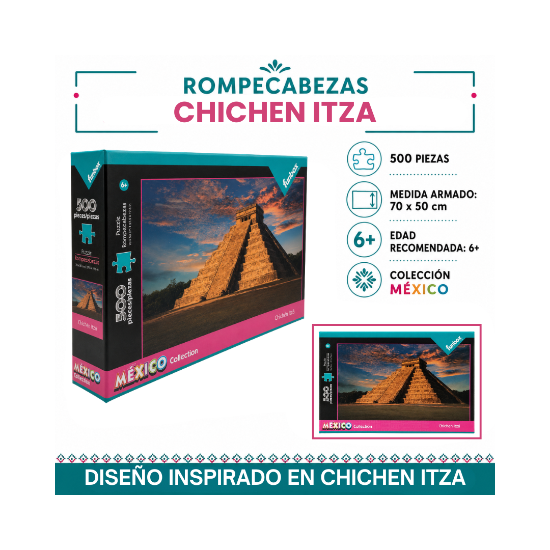 Rompecabezas Funbox México Collection 500 Piezas en diseños de Chichén Itzá, Ángel de la Independencia y Artesanías Mexicanas.