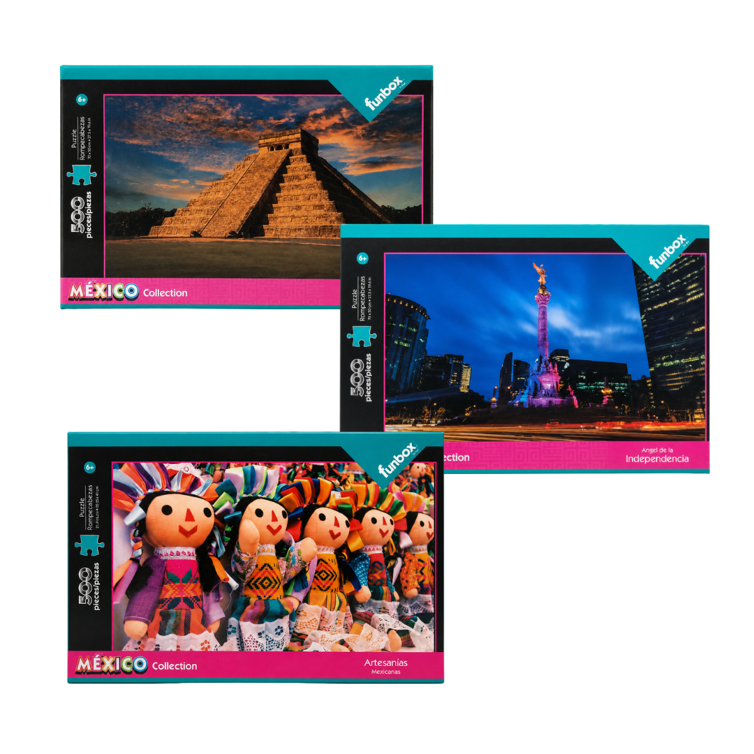 Rompecabezas Funbox México Collection 500 Piezas en diseños de Chichén Itzá, Ángel de la Independencia y Artesanías Mexicanas.