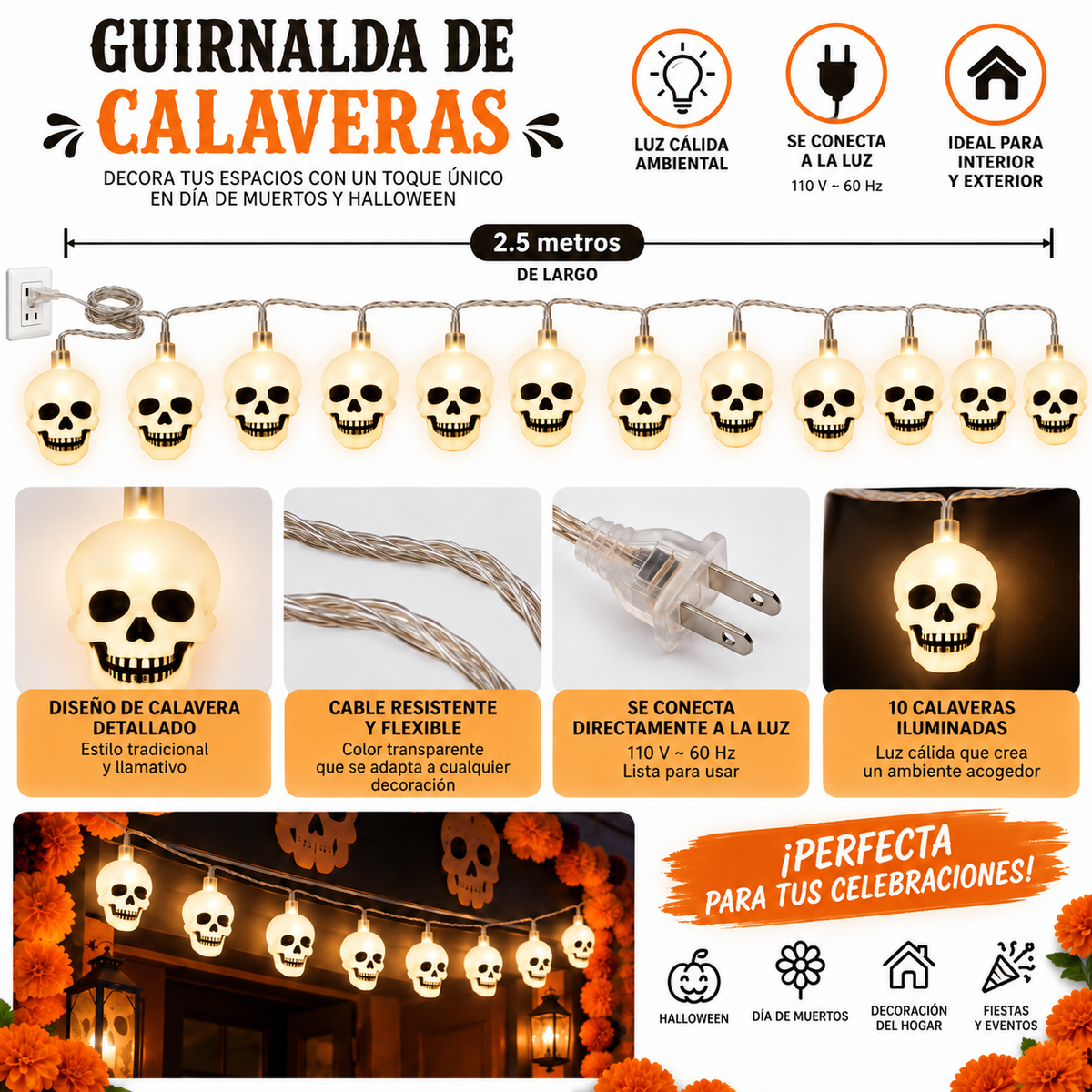 Guirnalda de Calaveras con Luz Cálida de 2.5 m