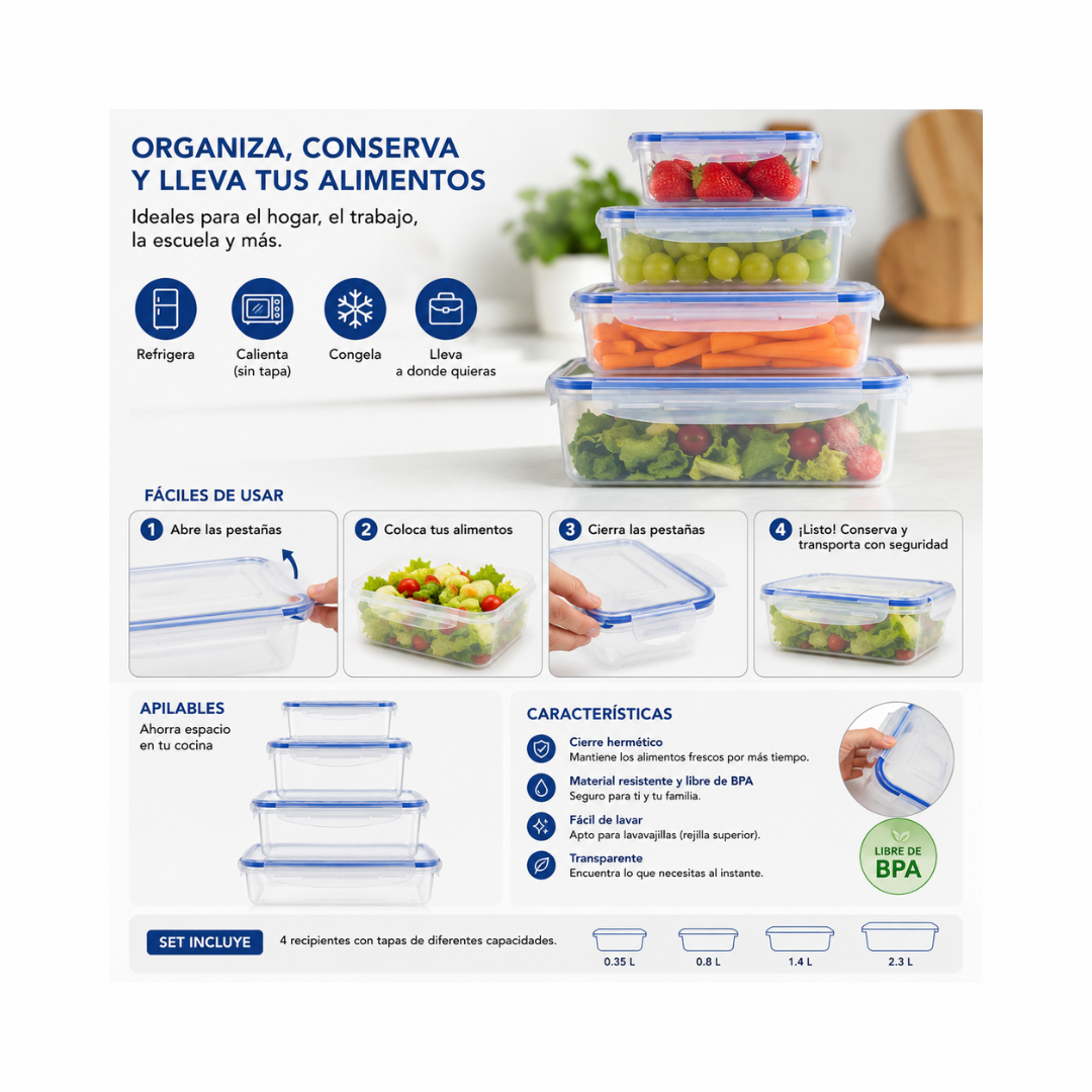 Set de Recipientes Herméticos Para Alimentos (4 piezas)
