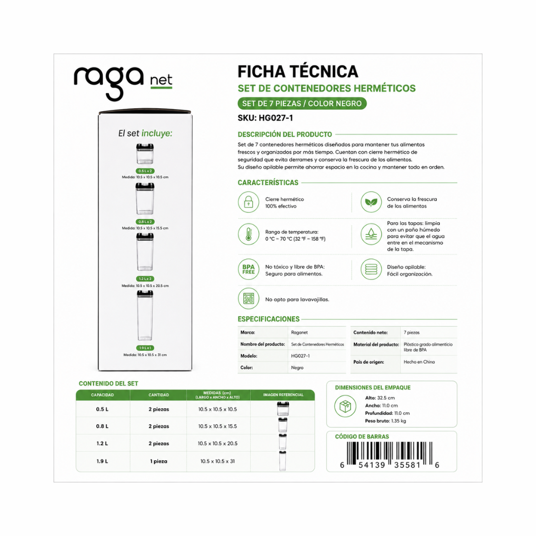 Set RAGA Contenedores Herméticos Para alimentos (7 piezas)