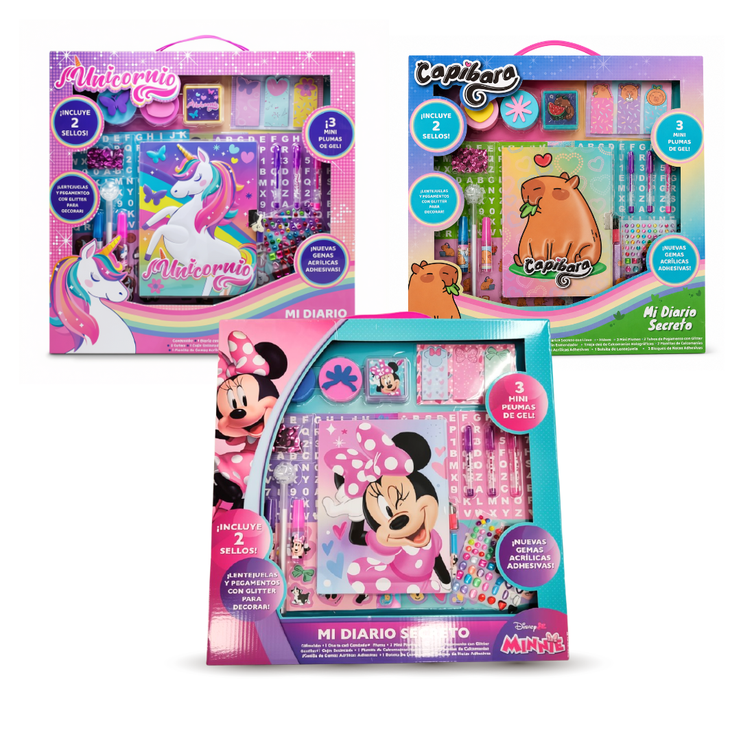 Mi Diario Secreto con Llave y Kit de Accesorios Minnie Mouse, Capibara y Unicornio