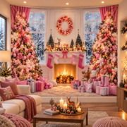 Telón Navideño Chimenea Rosa