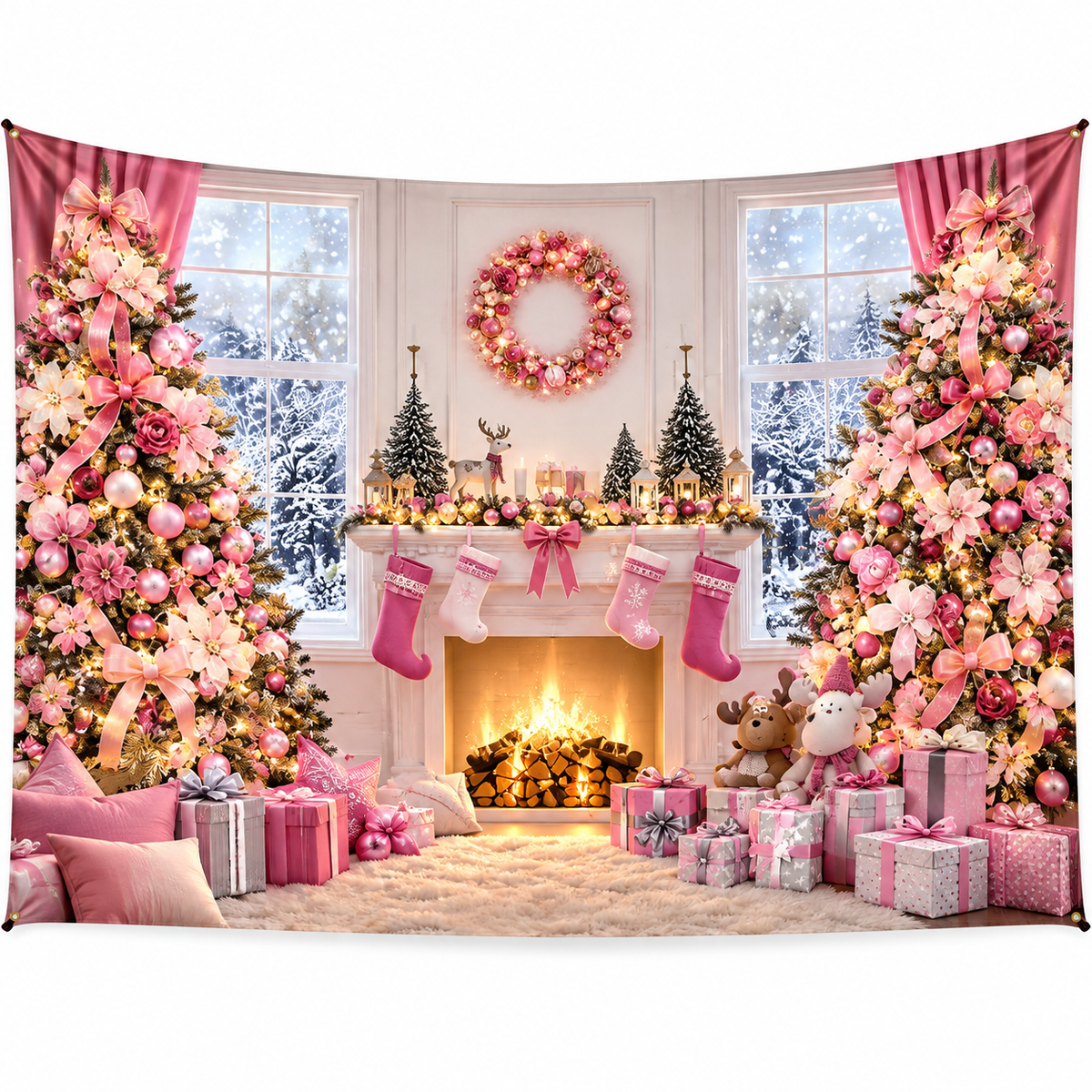 Telón Navideño Chimenea Rosa