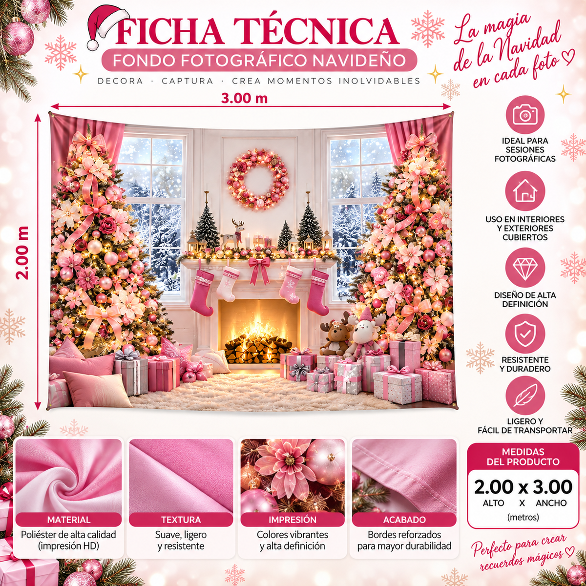 Telón Navideño Chimenea Rosa