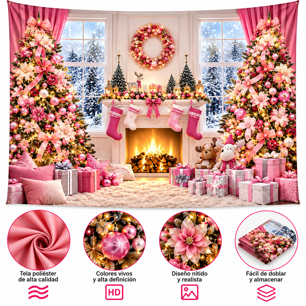 Telón Navideño Chimenea Rosa