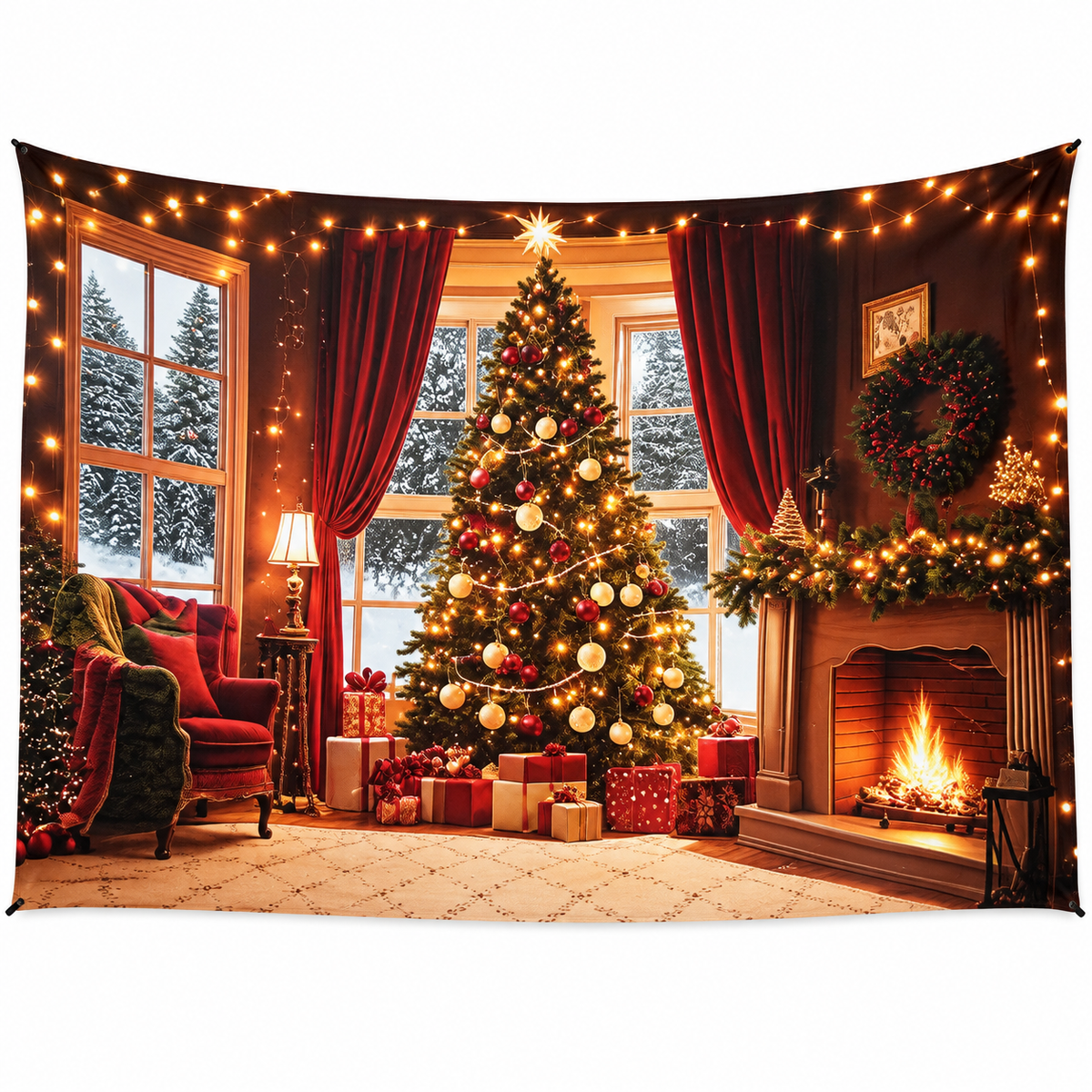 Telón Navideño Chimenea Roja