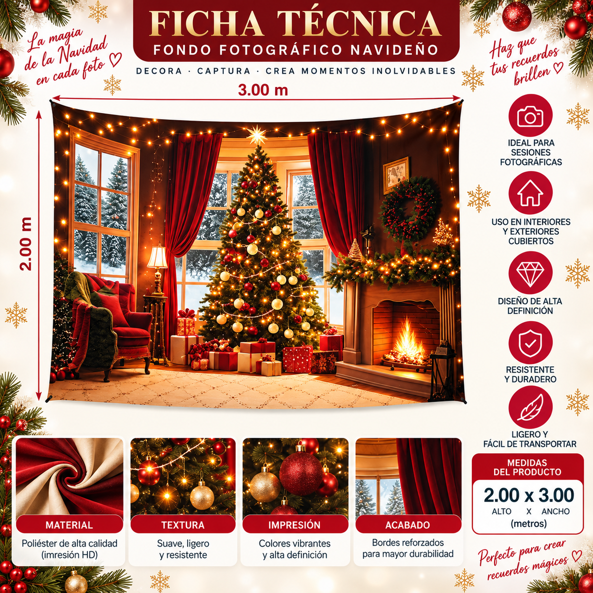 Telón Navideño Chimenea Roja