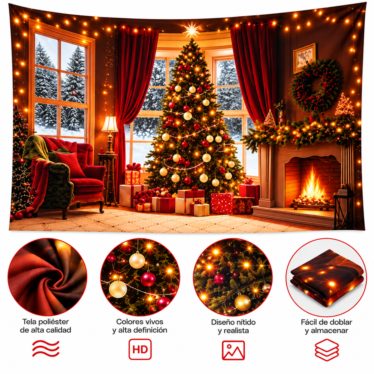Telón Navideño Chimenea Roja