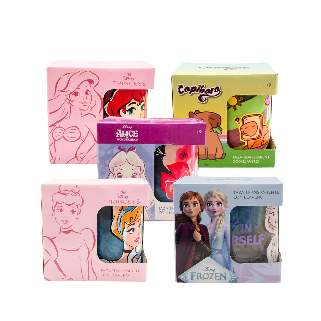 Taza Transparente con Llavero Personajes de Disney