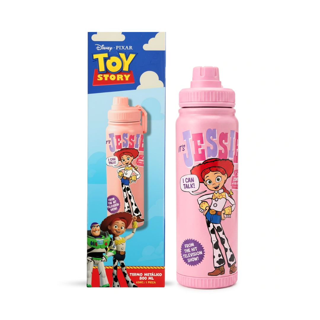 Termo metálico de 800 ml en diseños de Mickey, Minnie, Jessie y Spider-Man.