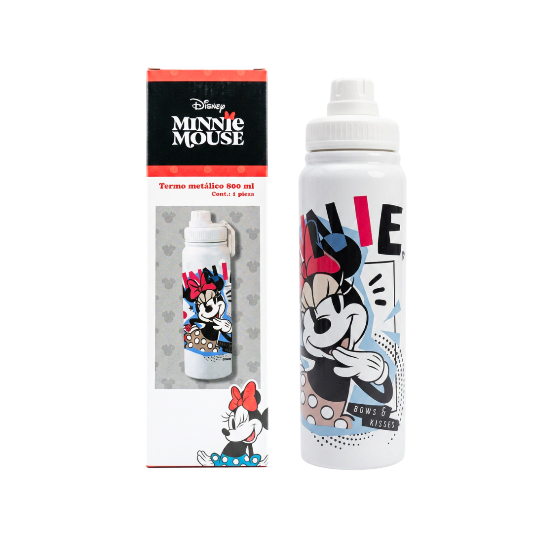 Termo metálico de 800 ml en diseños de Mickey, Minnie, Jessie y Spider-Man.