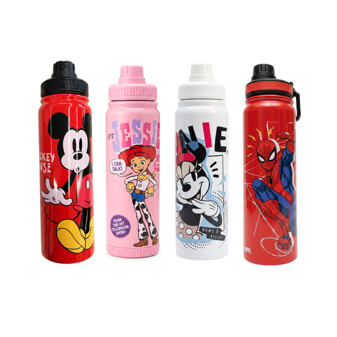 Termo metálico de 800 ml en diseños de Mickey, Minnie, Jessie y Spider-Man.