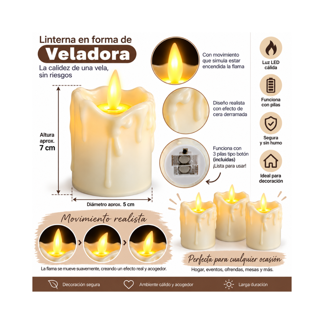 Vela LED Realista Decorativa con Flama Móvil y Efecto de Cera - 12 Piezas