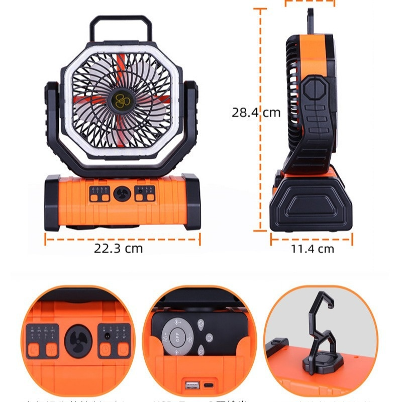 Ventilador de camping con luz LED y batería externa para el hogar.