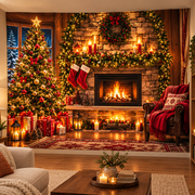 Tapiz navideño cubriendo completamente el muro de una sala