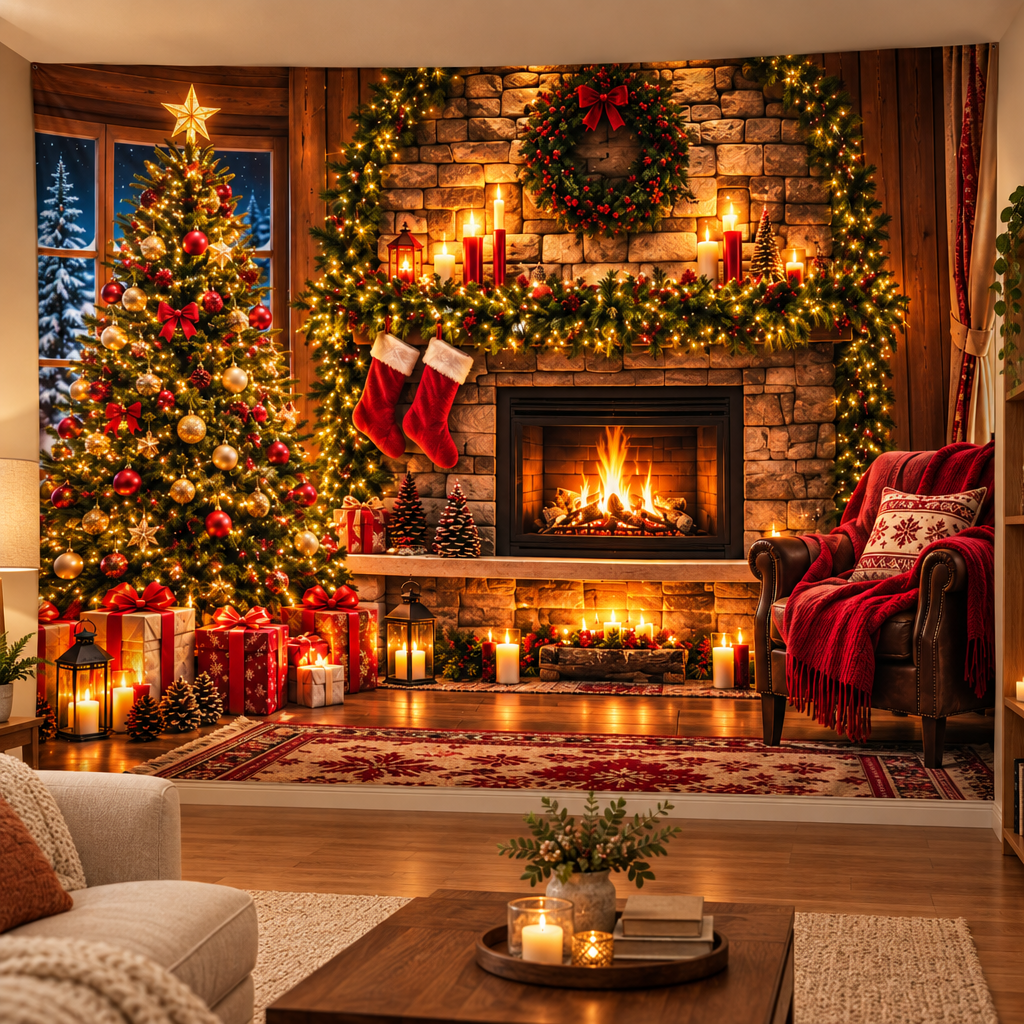 Tapiz navideño cubriendo completamente el muro de una sala